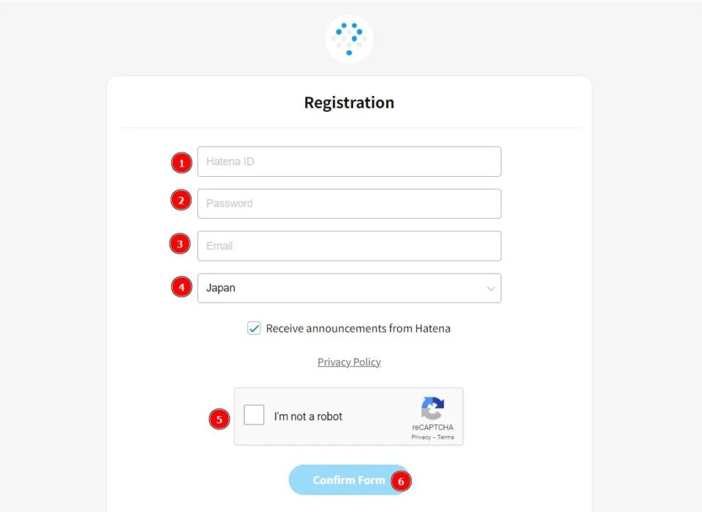 Hatena registration form screenshot showing fields for Hatena ID, password, email, country selection, reCAPTCHA verification, and a confirm button for account creation.