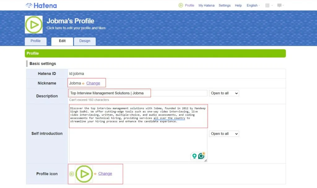 Hatena profile editing page showing Jobma's profile details including Hatena ID, nickname, profile description, self-introduction, and profile icon change option.