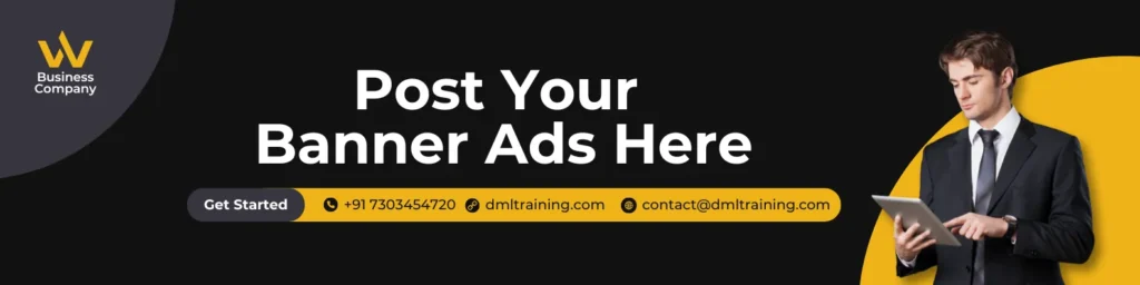 Business banner ad invitation featuring a man in a suit using a tablet, with text promoting ad placements on DML Training and contact details including phone, website, and email.